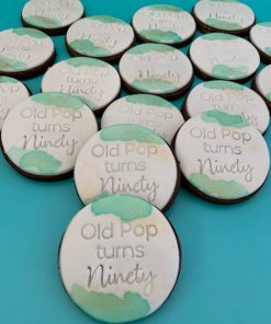 Custom Personalised Birthday Cookies_name turns 90 with gold flecks green watercolour
