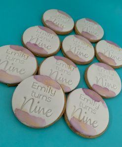 Custom Birthday Cookies - Name turns age with purple watercolour and gold flecks