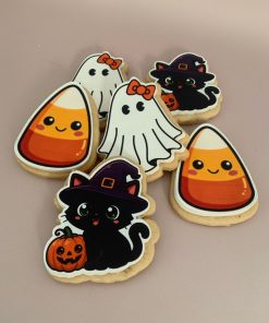 Too Cute to Spook decorated Halloween Cookies - black cat, candy corn & wispy ghost